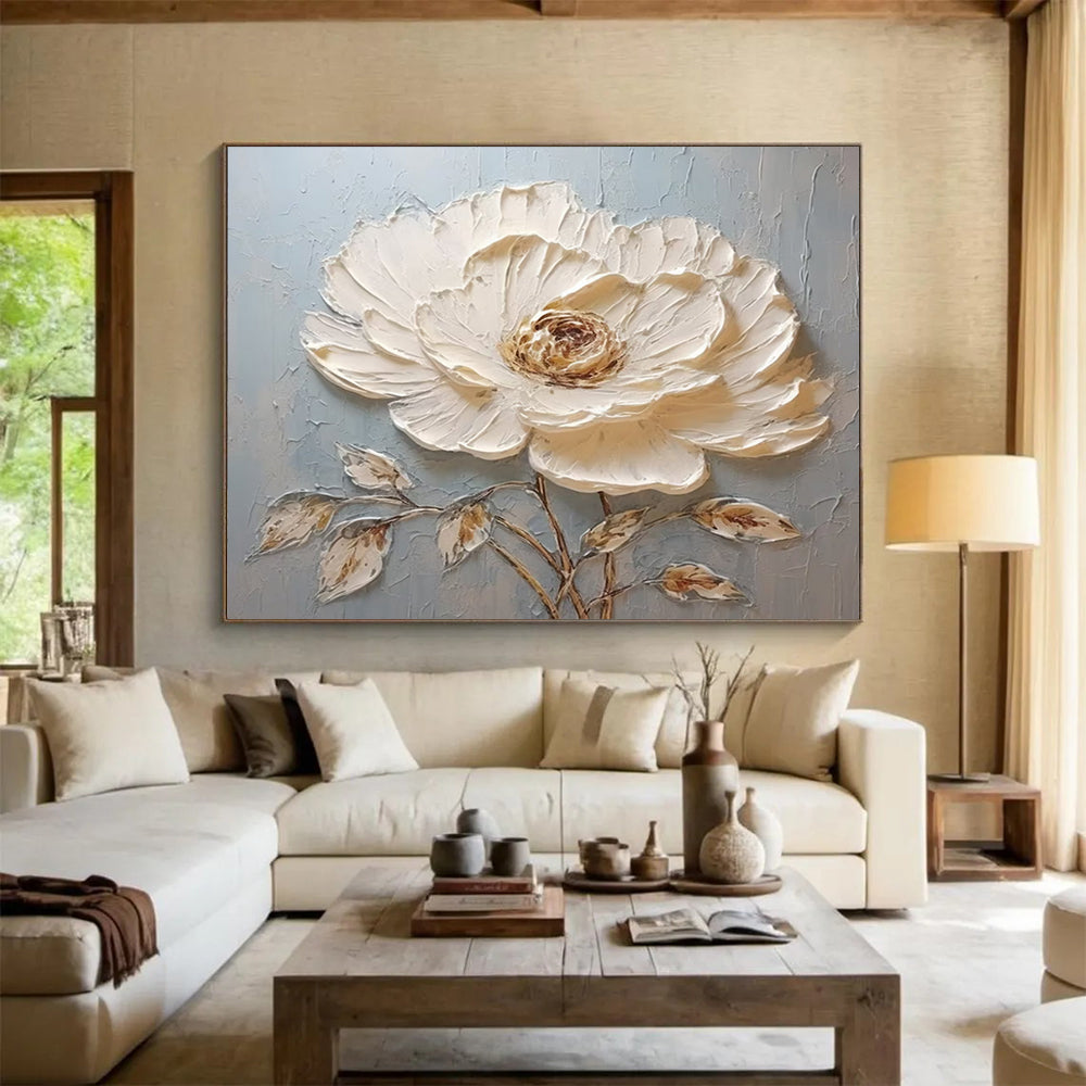 Single White Textured Flower - Impasto Botanical Painting On Canvas DLZ175