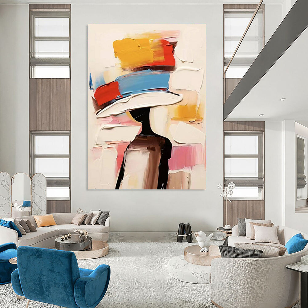 “Colorful, Abstract Hat ‘Fashionable Silhouette’” - Impasto Figurative Painting On Canvas DTP324