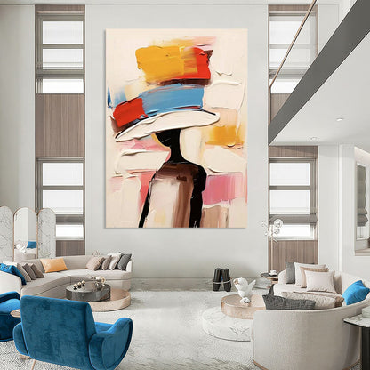 “Colorful, Abstract Hat ‘Fashionable Silhouette’” - Impasto Figurative Painting On Canvas DTP324