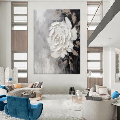 “Textured White Rose on Gray” – Floral Impasto Painting On Canvas CT2104