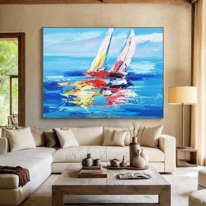 “Vibrant Sailboats at Sea” - Blue, Red & Yellow Impressionist Nautical Painting On Canvas DLZ266