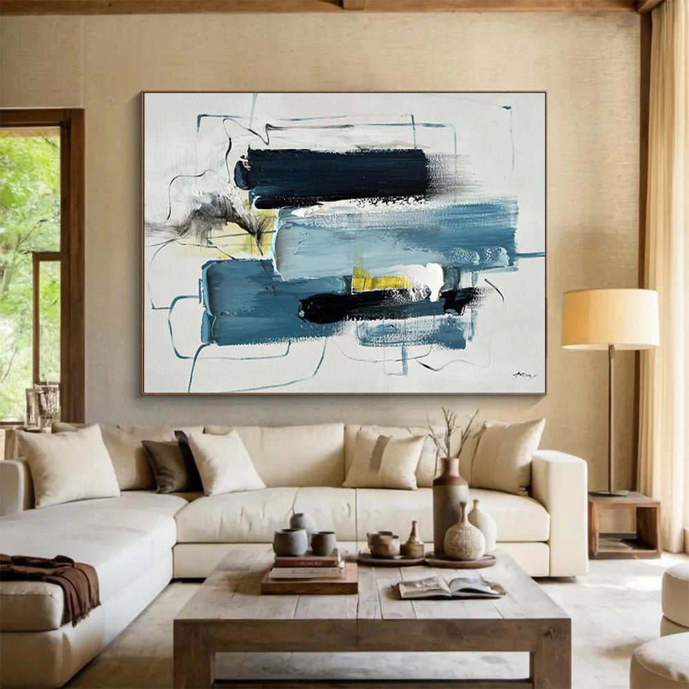Layered Blue and Yellow Abstract Painting On Canvas DKH318