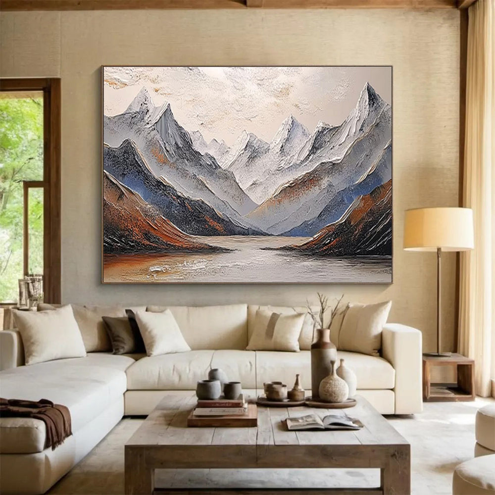 “Textured Snowy Mountain Lake” Impasto Landscape Painting On Canvas DKH456