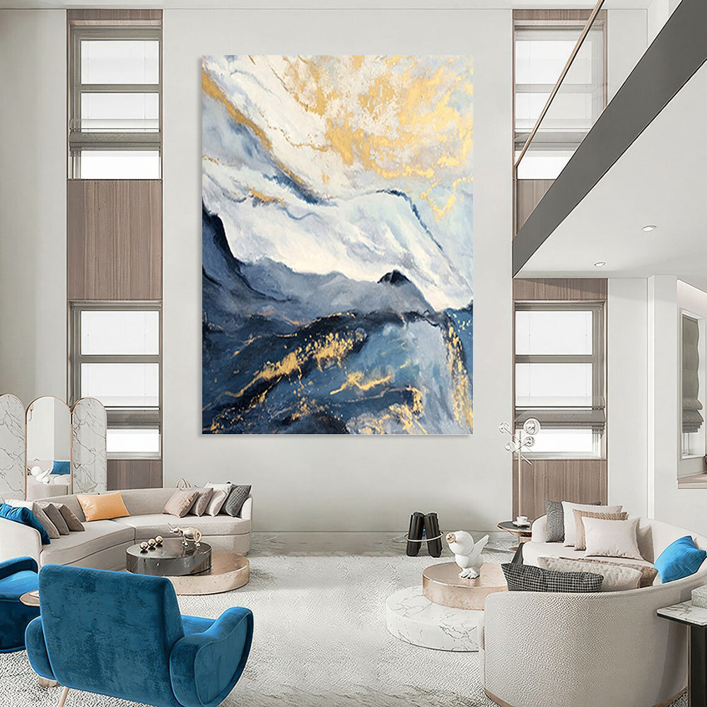 “Blue - Gray Mountain with Gold Accents” - Blue, Gray & Gold Abstract Landscape Painting On Canvas DKH0930