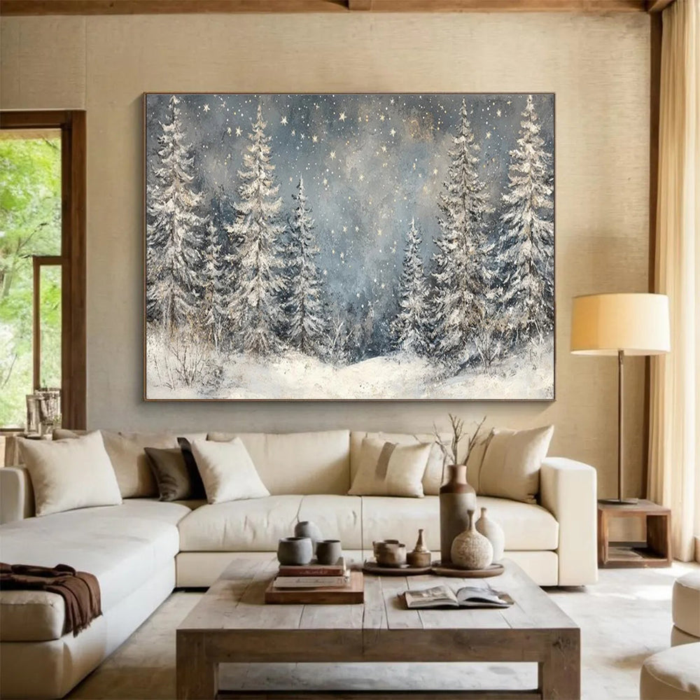 “Snowy Forest Starry Night” - Enchanting Winter Painting On Canvas DKH810