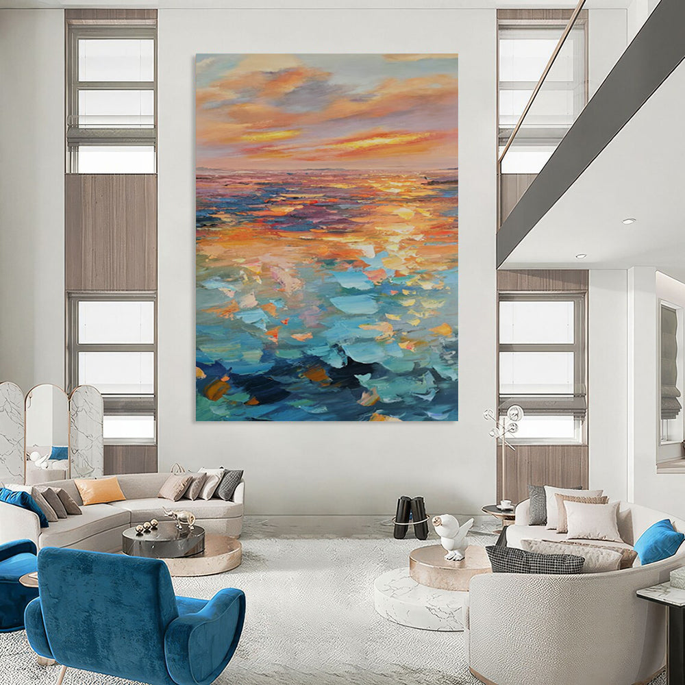 “Colorful Sea Sunset” - Orange, Pink & Blue Seaside Landscape Painting On Canvas CT2204