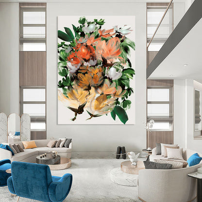 “Lush Floral Bouquet” - Orange, Green, White Abstract Painting On Canvas DTP217