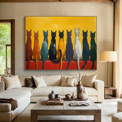 “Colorful Cat Lineup” - Whimsical Animal Painting On Canvas DKH838