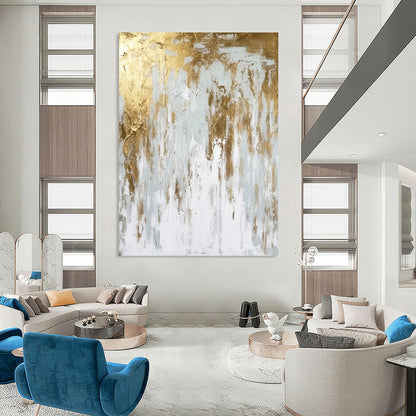 “White - Gold Abstract Drip” - Abstract Expressionist Painting On Canvas DTP074