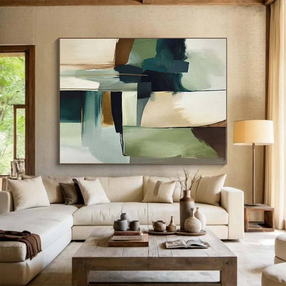 Muted Green, Blue & Brown Shapes, “Nature’s Balance” - Abstract Geometric Acrylic Painting CT0757