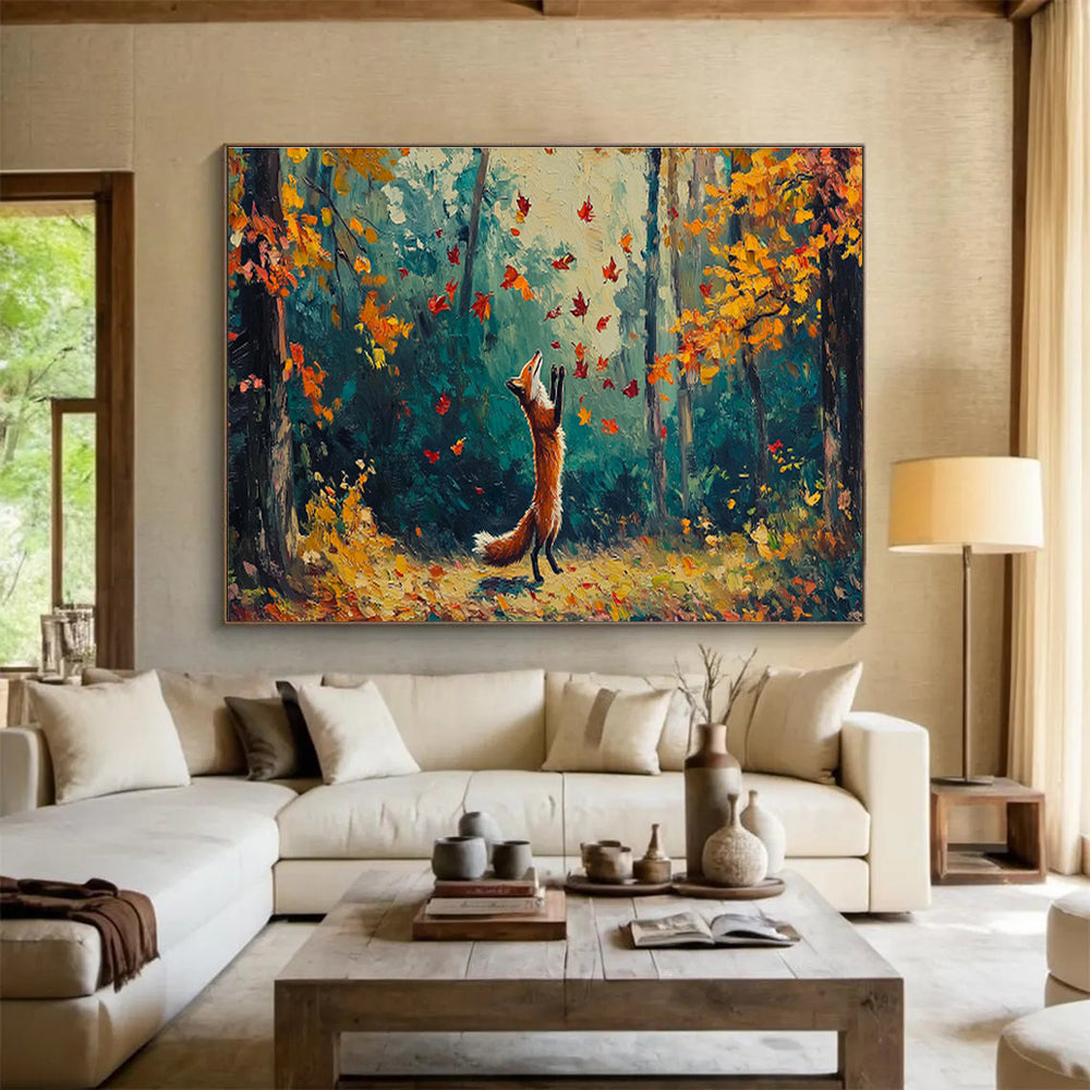 “Autumn Fox Frolic” - Orange, Yellow, Red Forest & Animal Oil Painting On Canvas DKH701