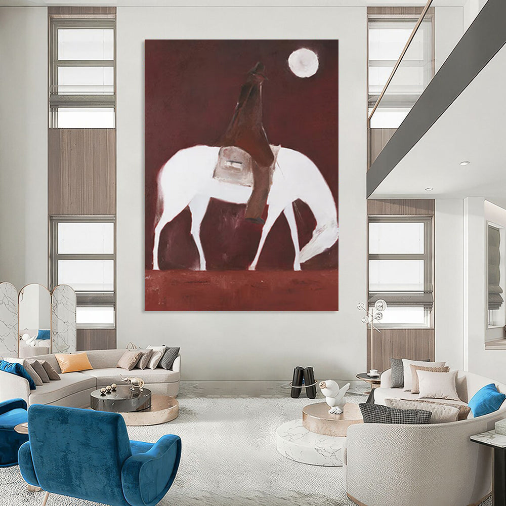 Rider on White Horse Under Red Sky and Moon - Equine Painting On Canvas DKH1425