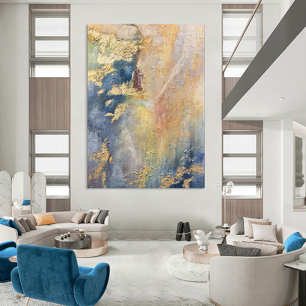 “Gold - Flecked Blue & Gray Abstraction” – Abstract Oil Painting On Canvas CT2113