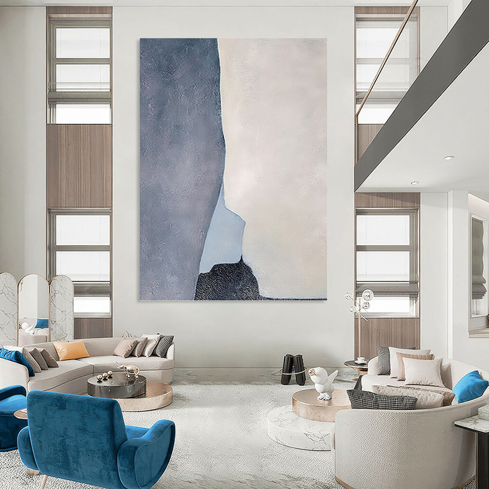 “Geometric Calm” - Gray, White & Light Blue Abstract Shapes Painting On Canvas DKH1539