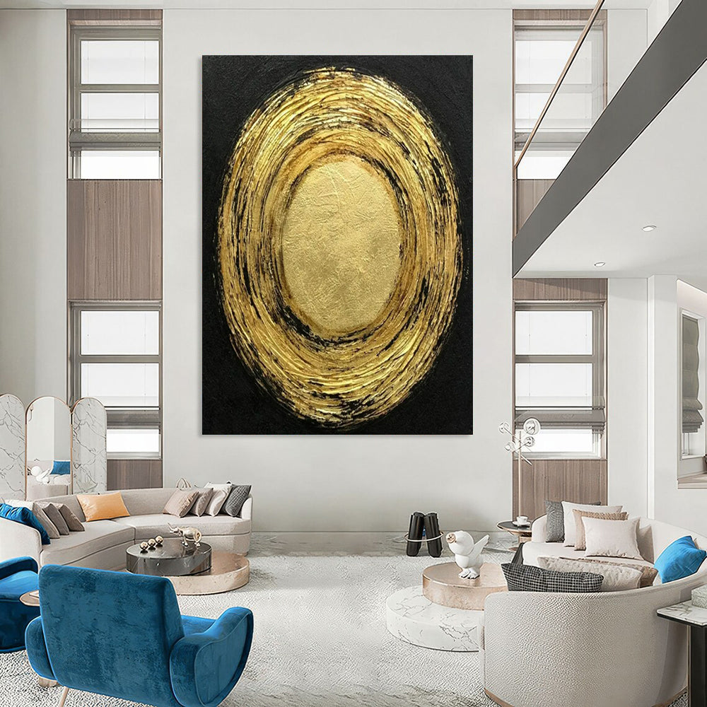 “Gold & Black Textured Circles” - Abstract Painting On Canvas CT2330