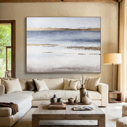 Blue, White, and Gold Abstract Landscape “Coastal Ethereal Horizons” Painting On Canvas DKH135