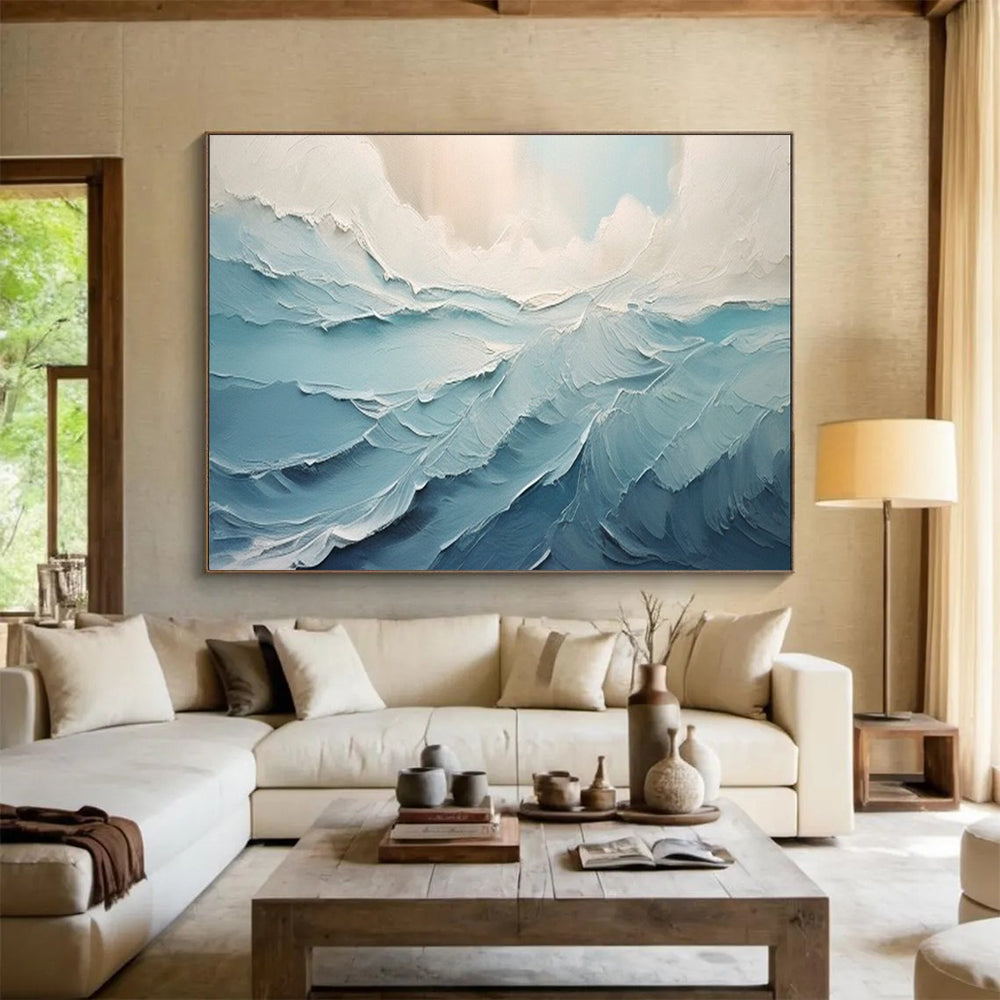 Blue and White Textured Waves - Impasto Seascape Painting On Canvas DLZ227