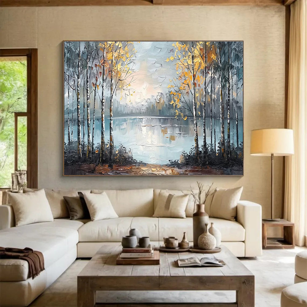 Autumn Forest Lake - Gray, Blue & Yellow Landscape Painting On Canvas DKH904
