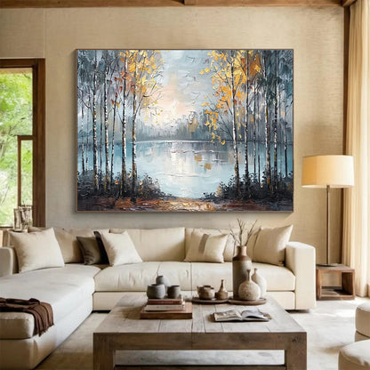 Autumn Forest Lake - Gray, Blue & Yellow Landscape Painting On Canvas DKH904