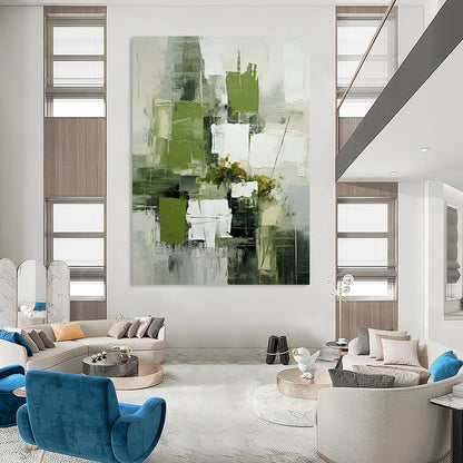 Green & White Geometric Floral - Abstract Still - Life Painting On Canvas CT2264