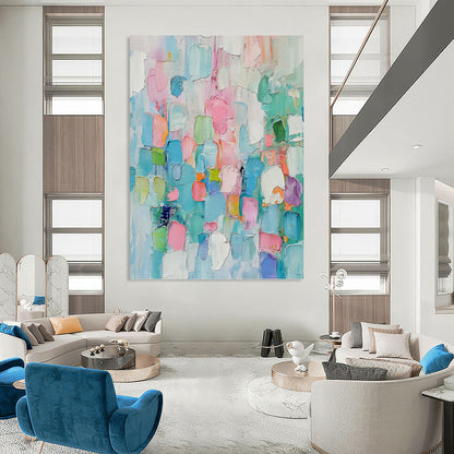 “Pastel - Toned Abstract Color Blocks” - Multicolor Cubist - Inspired Painting On Canvas DKH0997