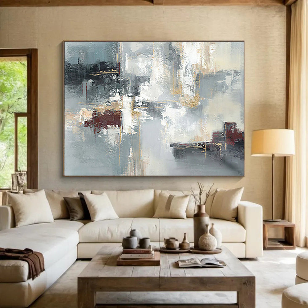 “Gray, Gold & Red Abstract Fusion” Abstract Expressionist Painting On Canvas DKH352