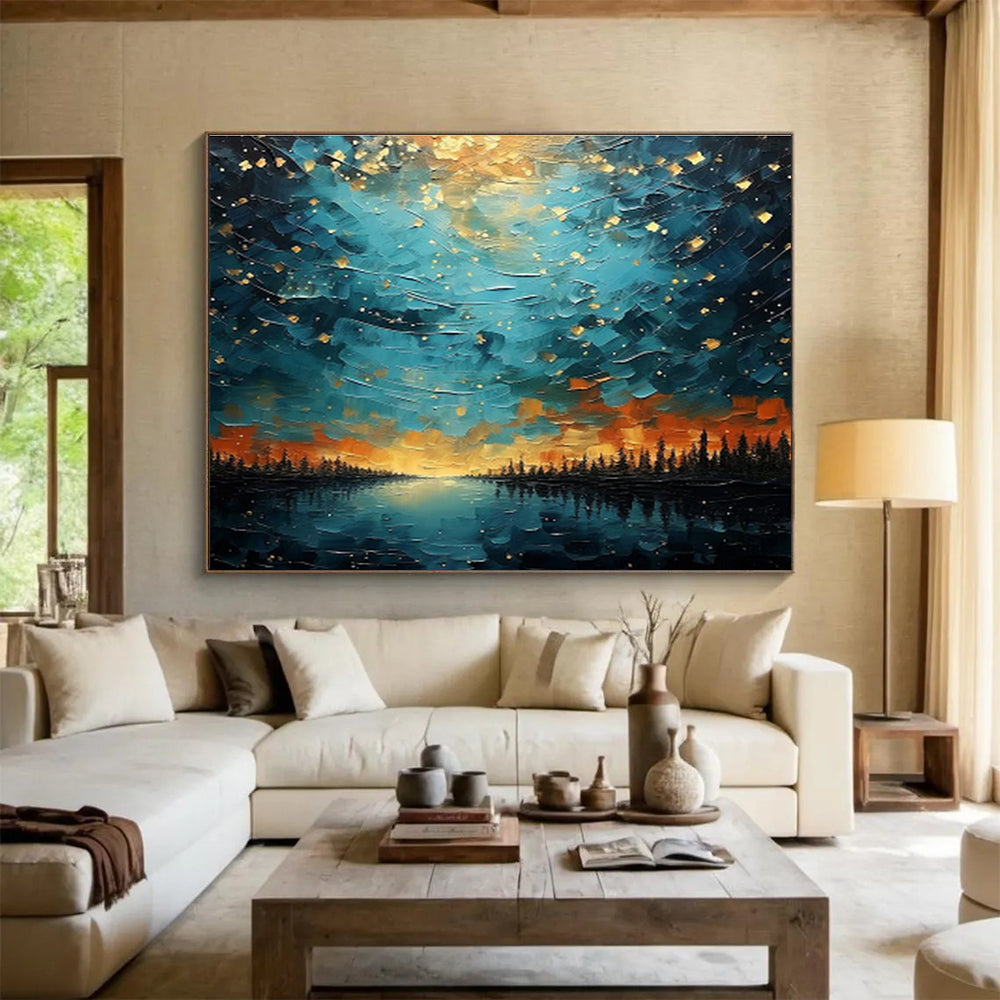 “Starry Lake Vista” - Blue, Gold, Orange Landscape Fantasy Painting On Canvas DKH706