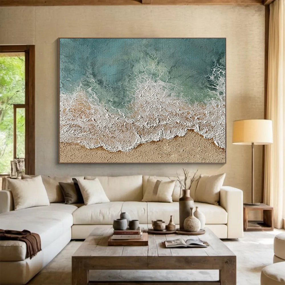 “Coastal Waves & Sands” - Turquoise, White & Beige Beach Scene Painting On Canvas DLZ252
