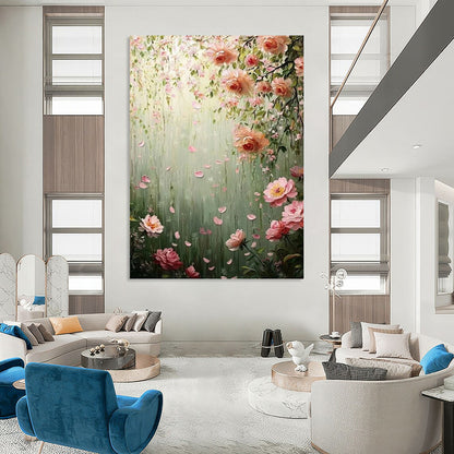 “Blush Blossoms” - Green, Pink & White Floral Waterfall Painting On Canvas DKH1553