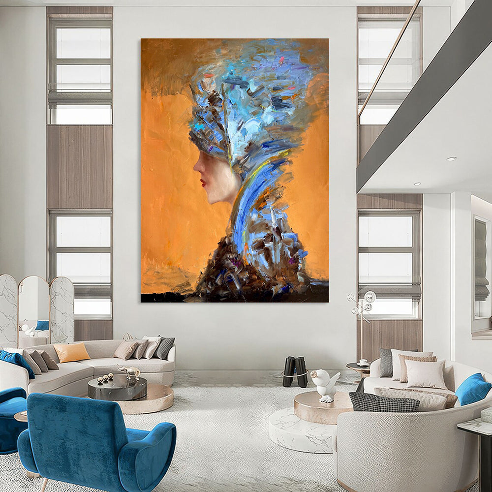 “Orange, Blue, Brown Textured Portrait ‘Eccentric Elegance’” - Impasto Figurative Painting On Canvas DTP348