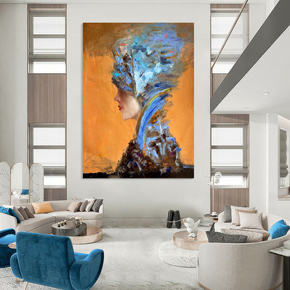 “Orange, Blue, Brown Textured Portrait ‘Eccentric Elegance’” - Impasto Figurative Painting On Canvas DTP348