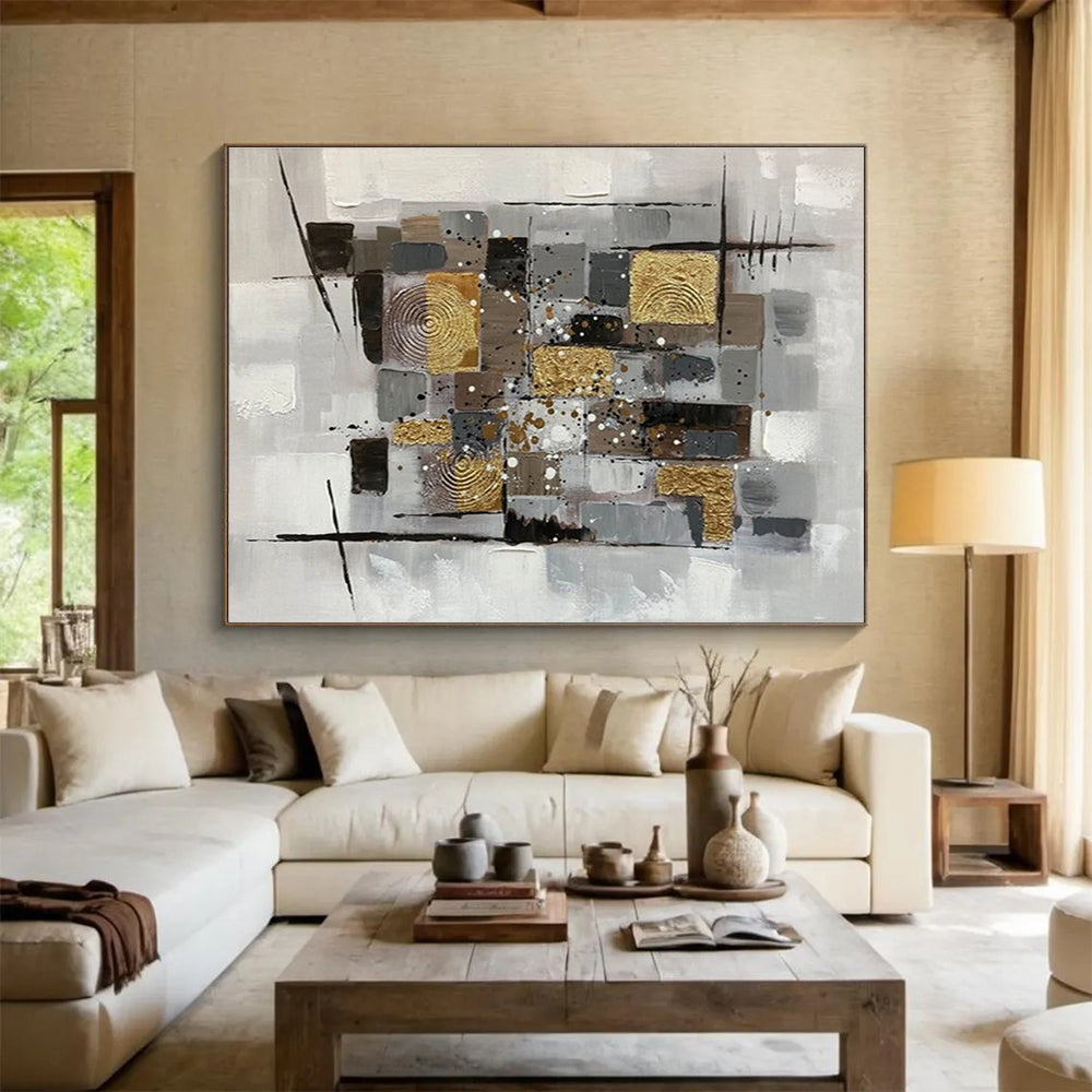 “Neutral Tones & Gold Geometric Collage” Abstract Mixed - Media Painting On Canvas DKH353