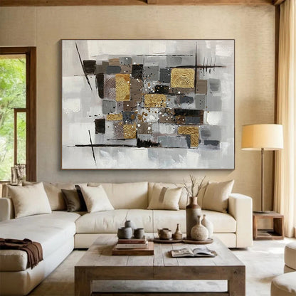 “Neutral Tones & Gold Geometric Collage” Abstract Mixed - Media Painting On Canvas DKH353