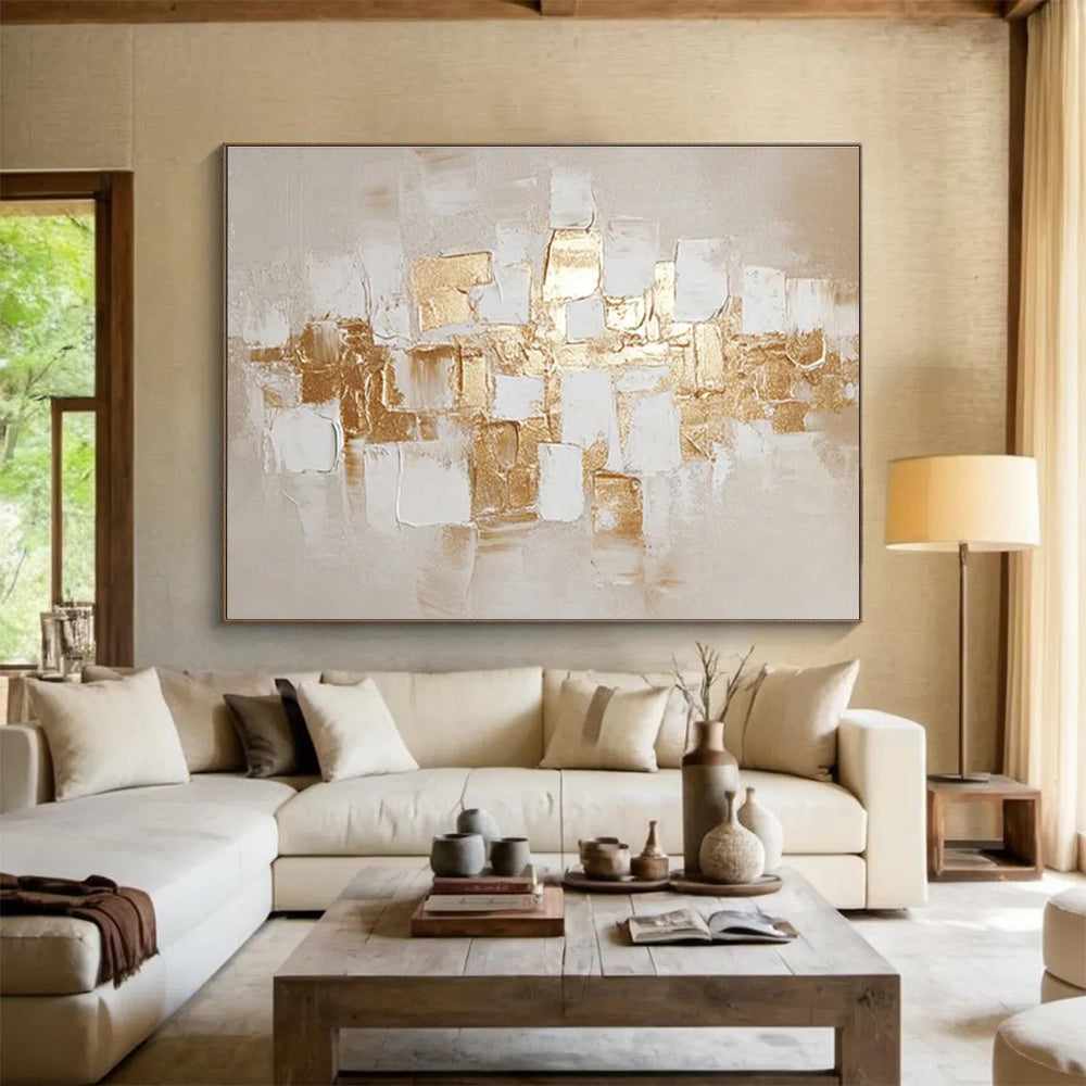 “Gold - White Cubic Textures” Abstract Impasto Painting On Canvas DKH524