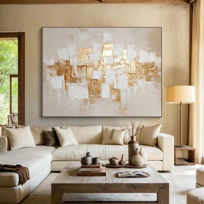 “Gold - White Cubic Textures” Abstract Impasto Painting On Canvas DKH524