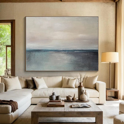“Gray, Blue, Minimalist Horizon ‘Quiet Sea’” - Minimalist Seascape Painting On Canvas DLZ028