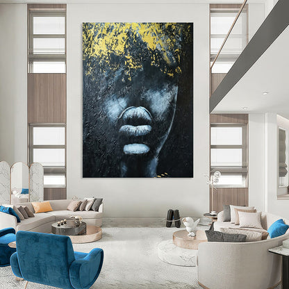 “Textured Black and Gold Portrait” – Abstract Impasto Portrait Painting On Canvas CT2153