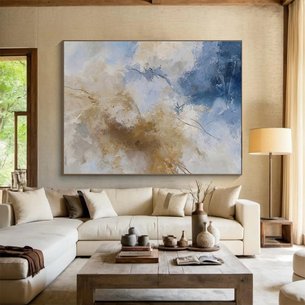 Blue, White, and Gold Abstract “Skyward Luxe Abstraction” Painting On Canvas DKH136