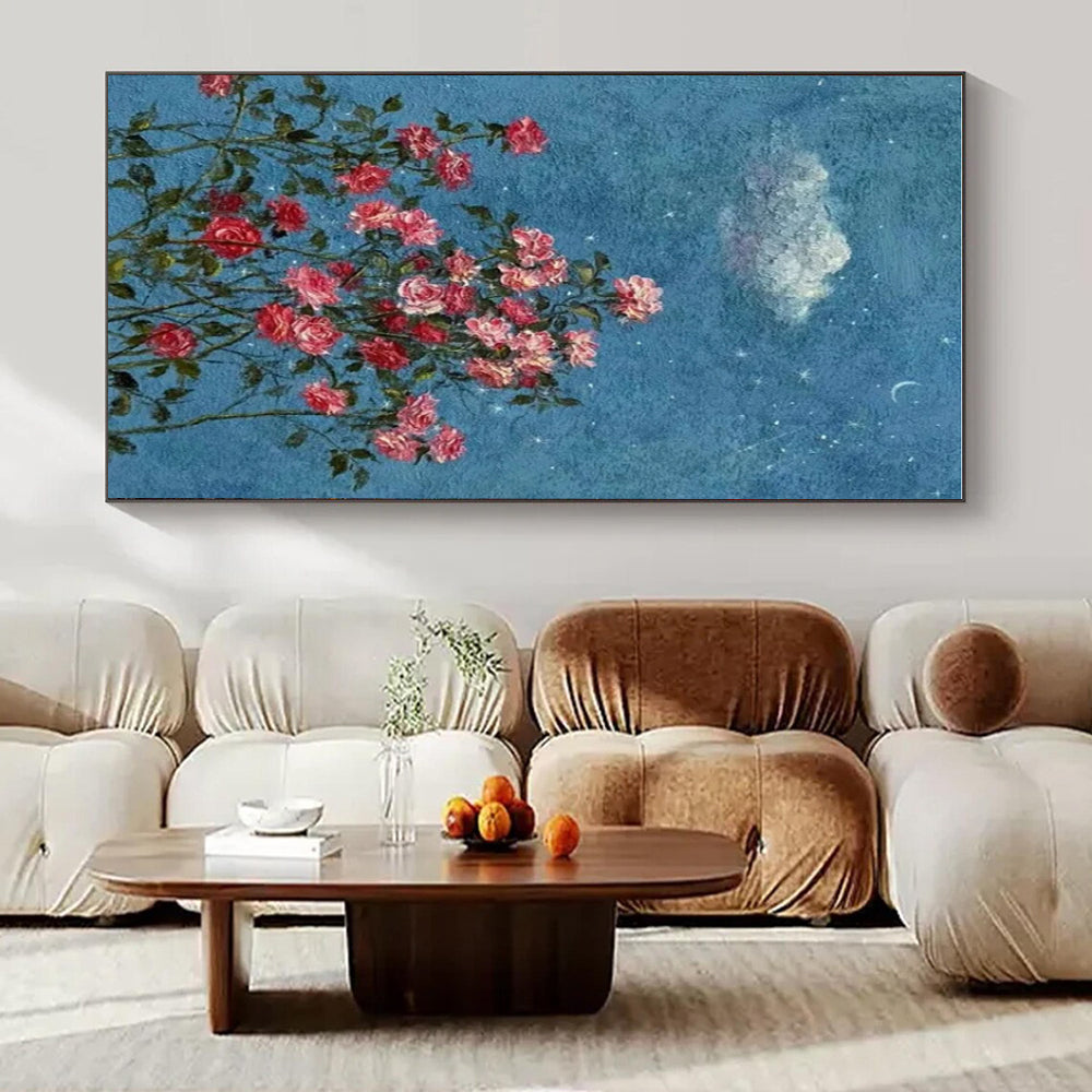 Blue Sky, Stars, Cloud, Moon & Pink Roses - "Starry Rose Garden" - Impressionistic Oil Painting CT1454