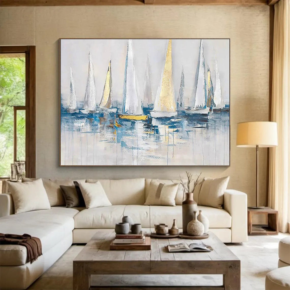“Sailing in Style” - White, Gold & Blue Nautical Painting On Canvas DLZ257