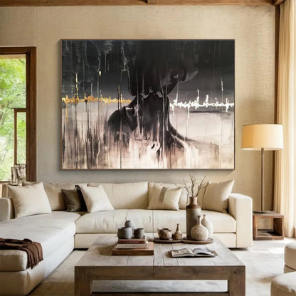 Dark Abstract Figure - Black, White & Gold Figurative Painting On Canvas DKH900