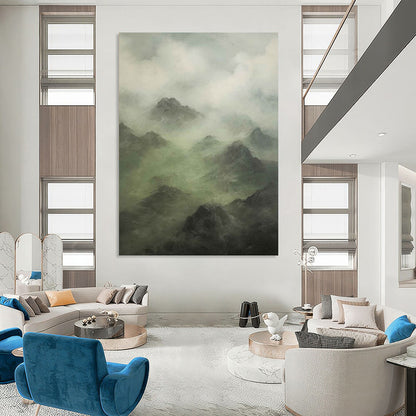 Misty Mountain Landscape in Green and Gray - Landscape Painting On Canvas DKH1480