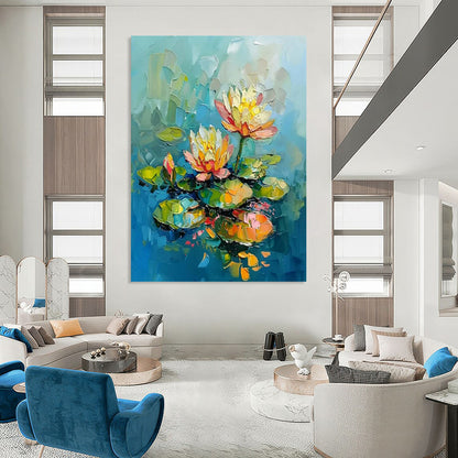 “Water Lilies” - Colorful Impasto Floral Painting On Canvas CT2240