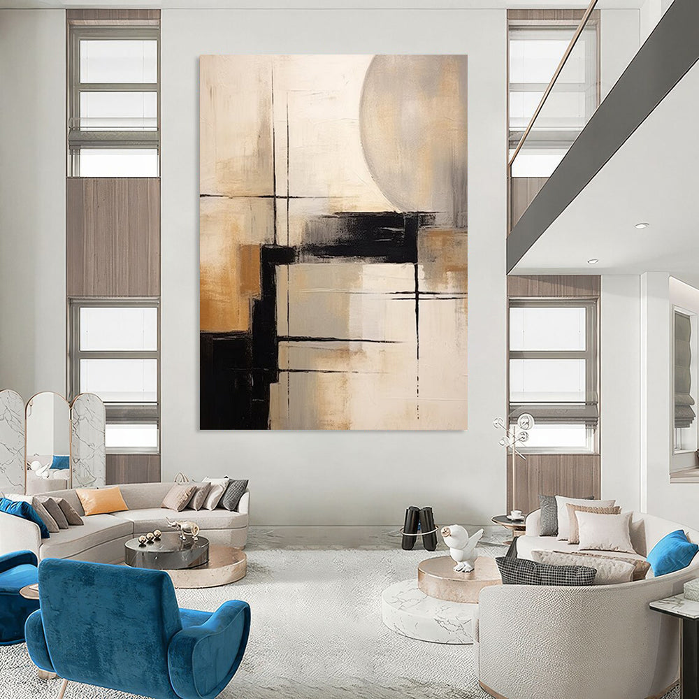 “Black, White, Beige Geometric Abstraction ‘Structured Serenity’” - Textured Abstract Painting On Canvas DTP356