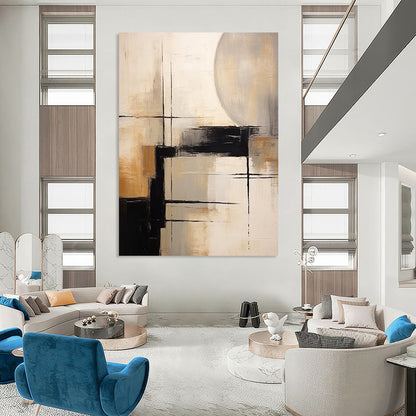 “Black, White, Beige Geometric Abstraction ‘Structured Serenity’” - Textured Abstract Painting On Canvas DTP356