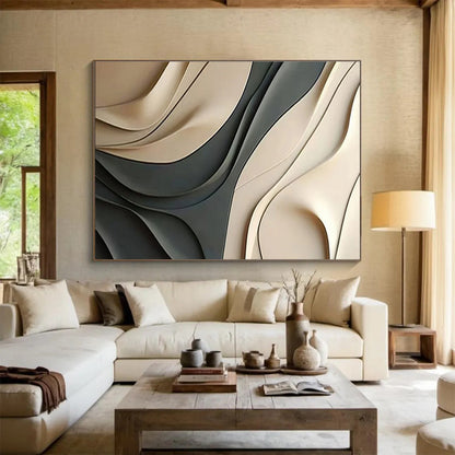 “Curved Beige - Grey 3D Forms” Abstract Sculptural Painting On Canvas DKH523