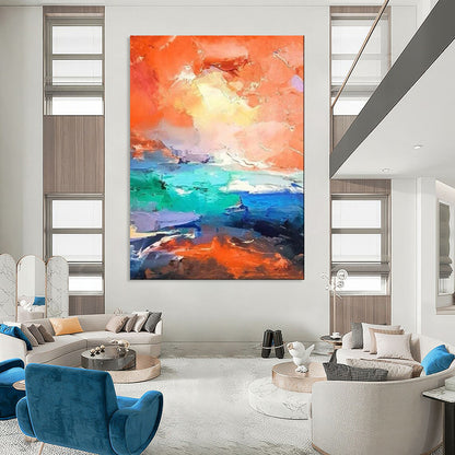“Vibrant Orange & Turquoise Abstract Seascape” – Abstract Oil Painting On Canvas CT2114