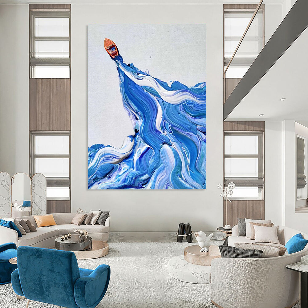 “Blue, White, Orange Boat ‘Ocean Voyage’” - Impasto Sea & Boat Painting On Canvas DTP321