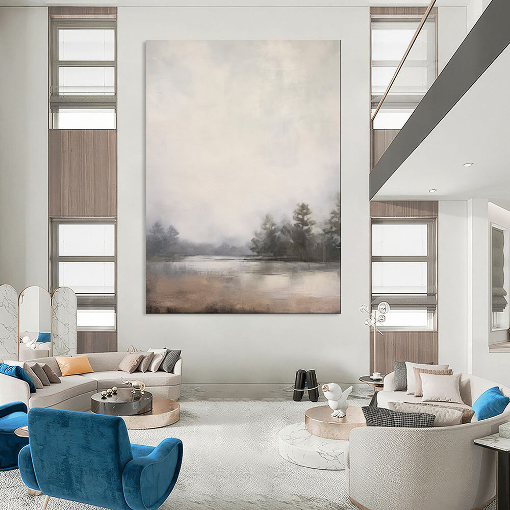 “Expansive Lake Mist” – Impressionistic Landscape Oil Painting with Hazy Gray Tones CT2057