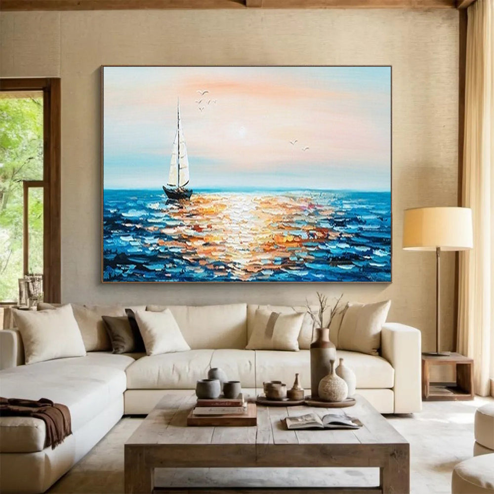 Sunset Sailboat Sparkle - Impressionist Seascape Painting On Canvas DLZ188